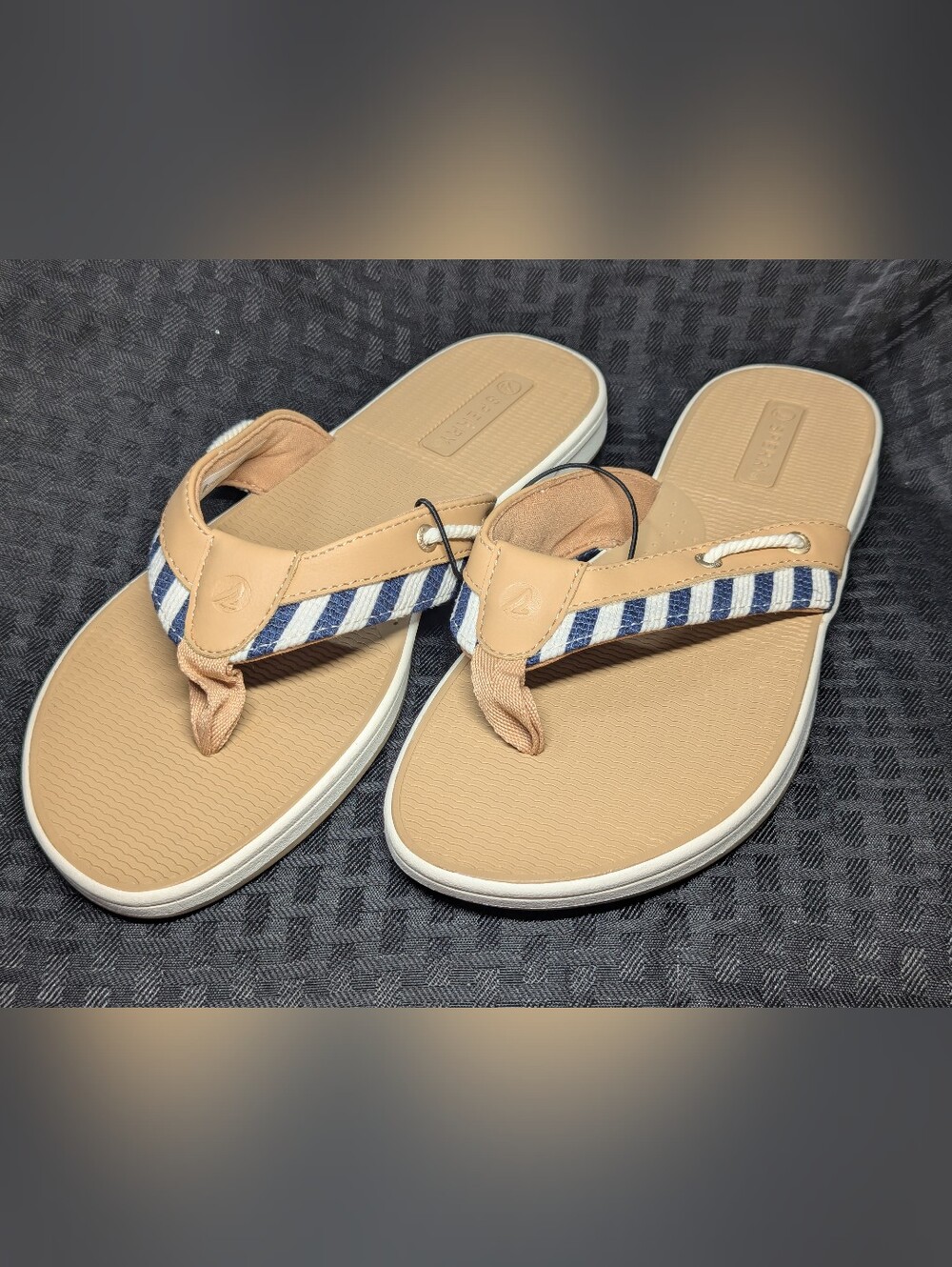 Tan and Navy Stripe Sperry Seafish Leather Flip Flops.